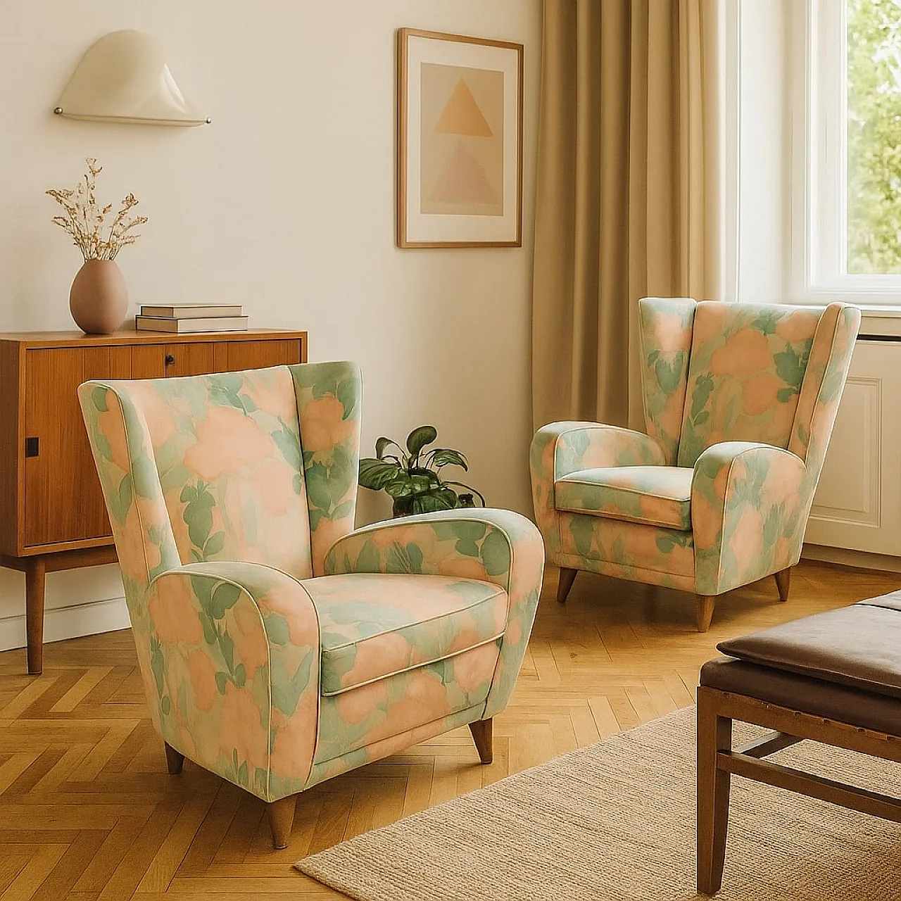 Pair of fabric bergère armchairs, 1950s 2