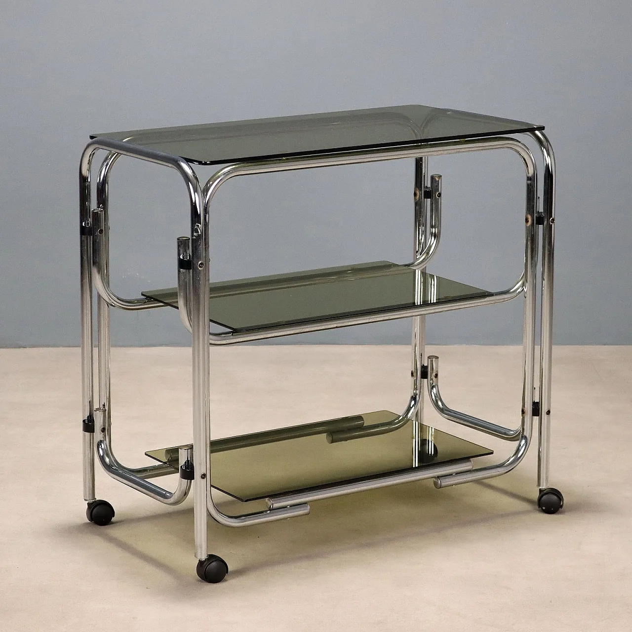Carrello in metallo e vetro fumé, fine '900 1