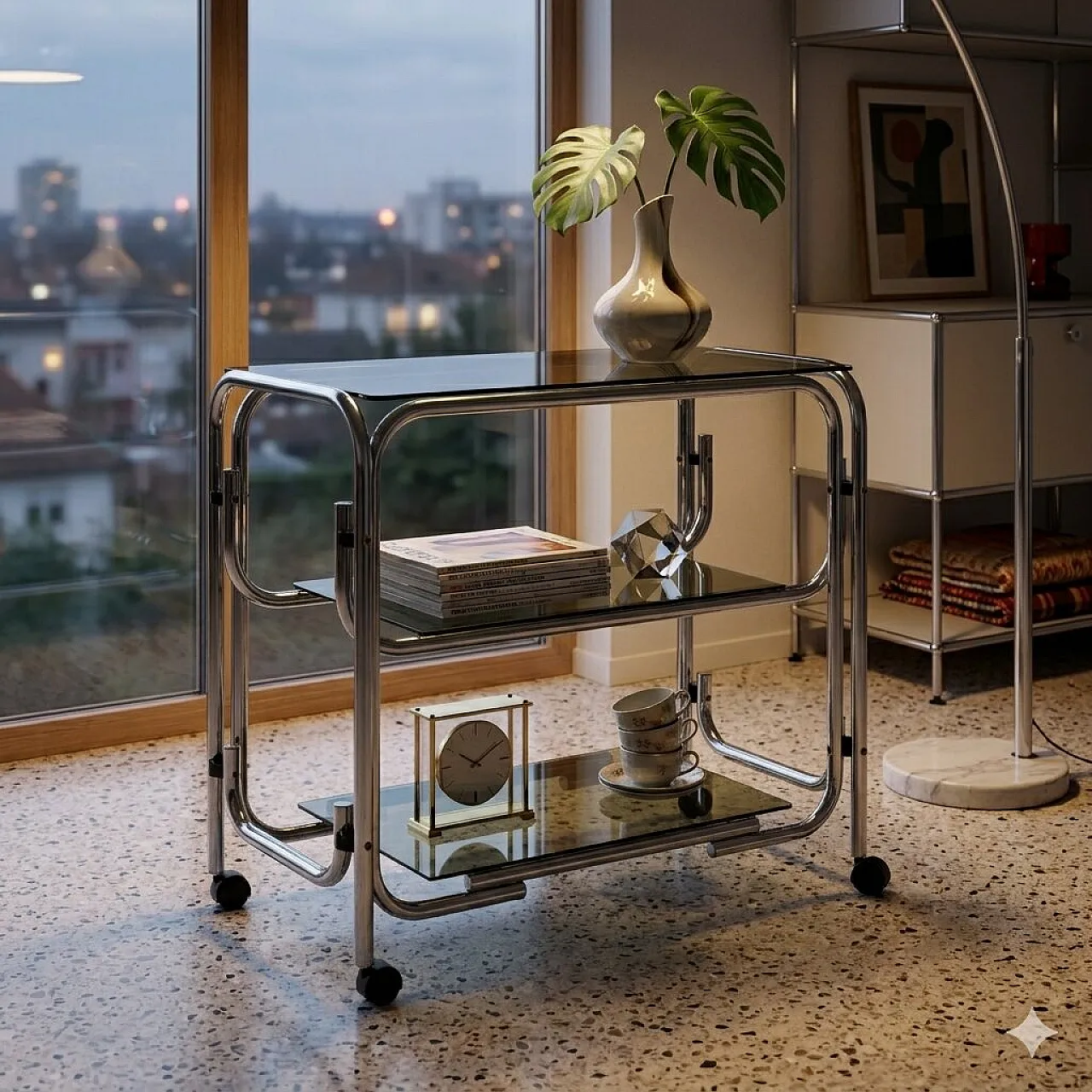 Carrello in metallo e vetro fumé, fine '900 2