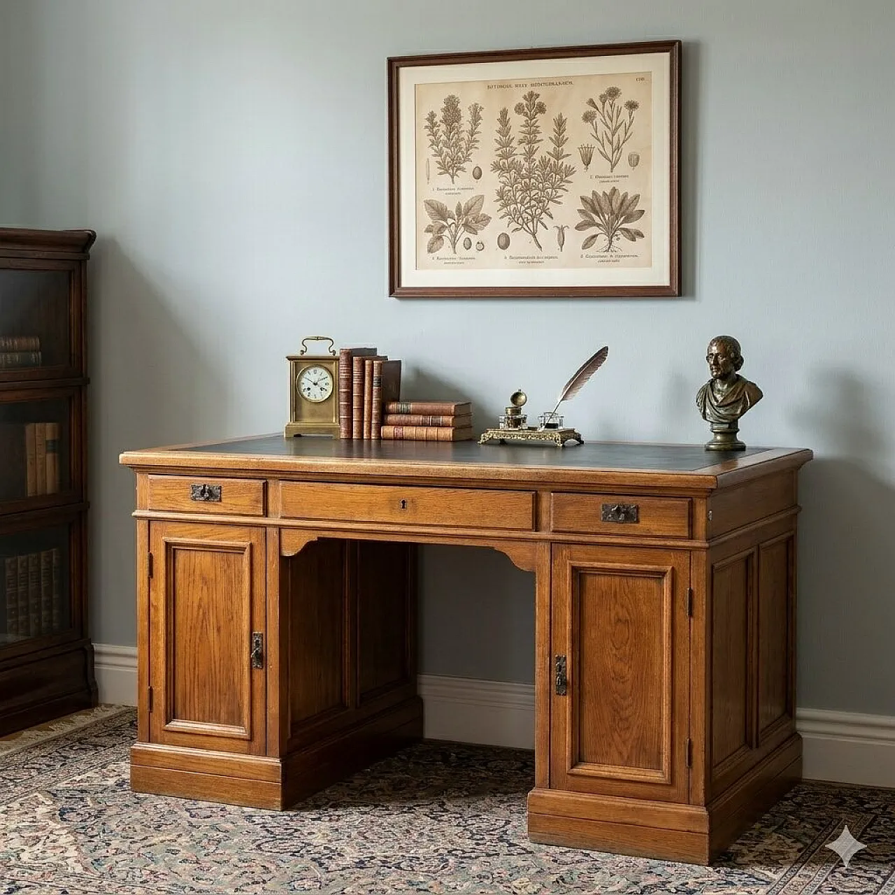Scrivania in rovere con piano con inserto in pelle nera, '800 2