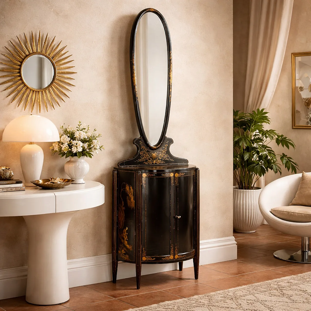 Chinoiserie style vanity showcase demi lune with mirror, 20th century 2