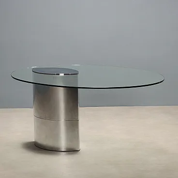 Table with glass top and stamped steel base, 20th century