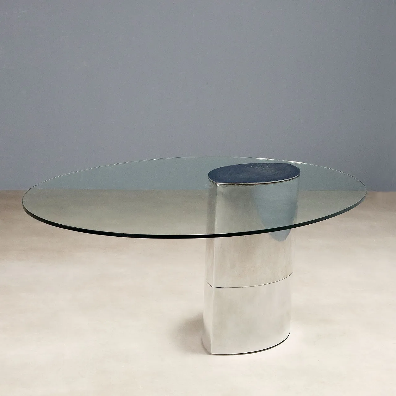 Table with glass top and stamped steel base, 20th century 10