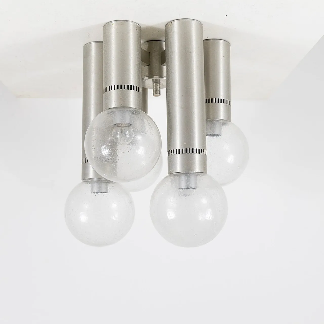 Lampadario a 6 luci in metallo e vetro, anni '70 1