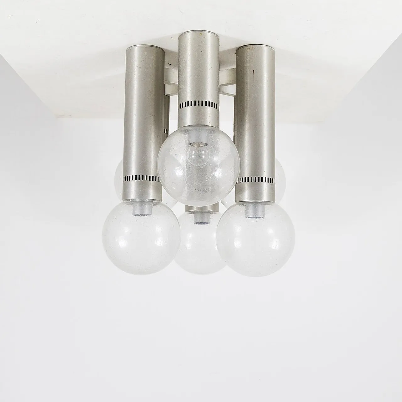 Lampadario a 6 luci in metallo e vetro, anni '70 5