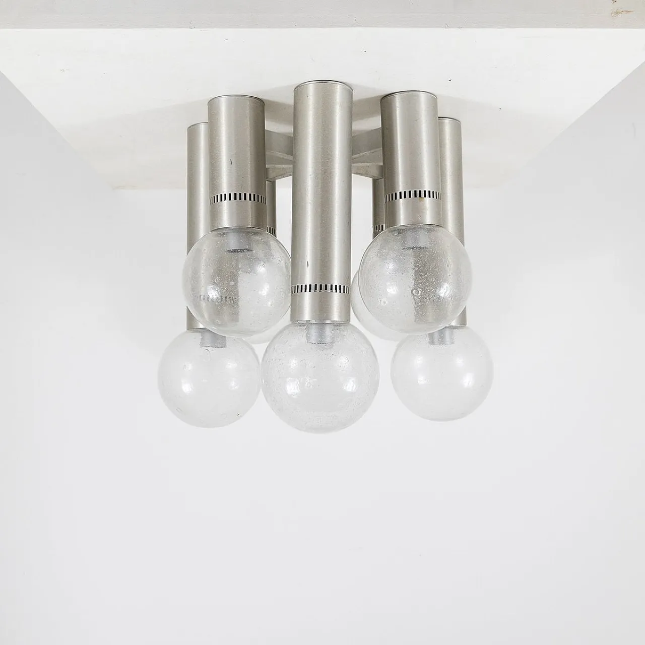 Lampadario da soffitto in metallo e vetro, anni '70 3