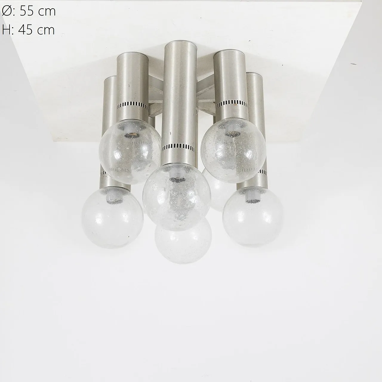 Lampadario da soffitto in metallo e vetro, anni '70 5