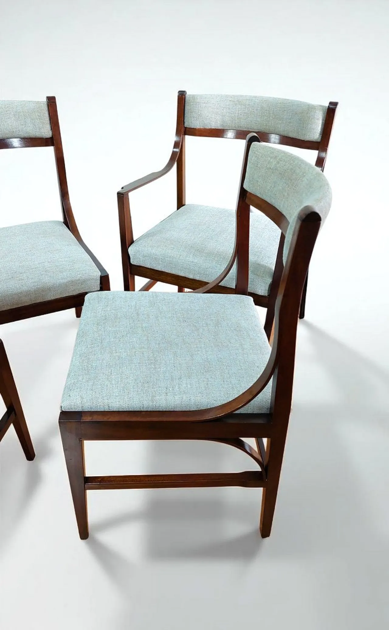 4 Wooden and fabric dining chairs, 1950s 5