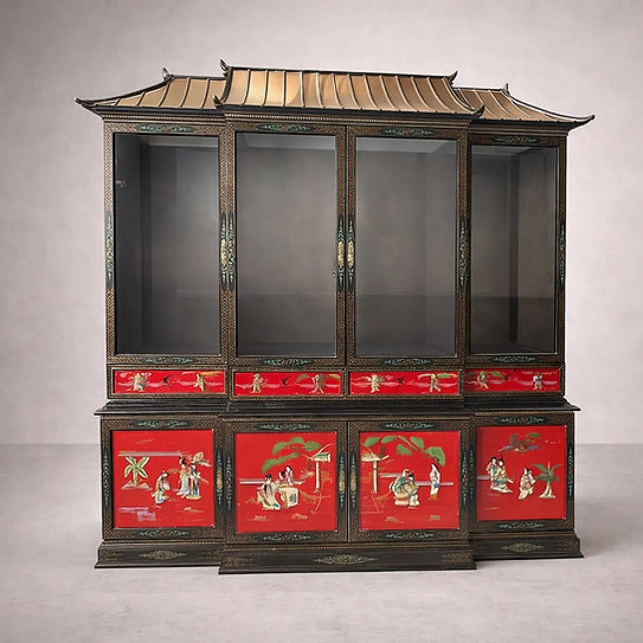 Credenza a doppio corpo in lacca rossa e nera, '900 1