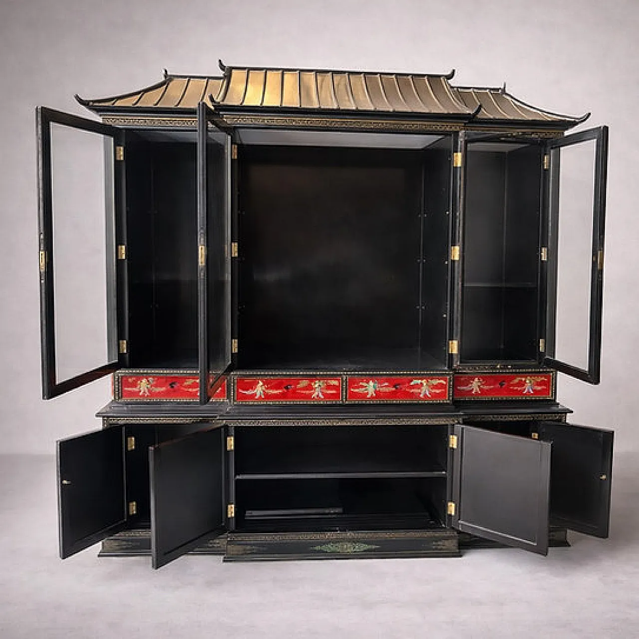 Credenza a doppio corpo in lacca rossa e nera, '900 2