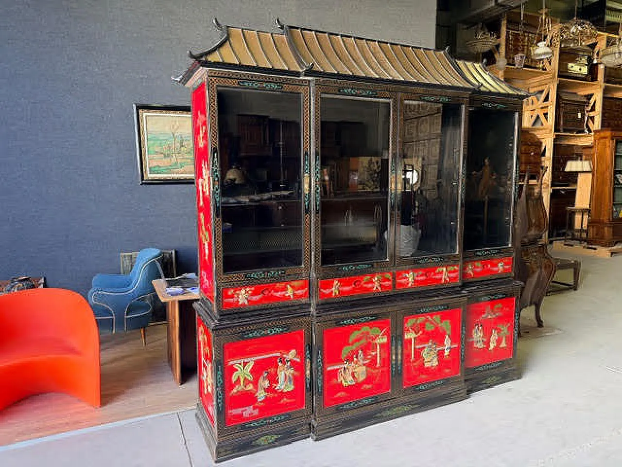 Credenza a doppio corpo in lacca rossa e nera, '900 4
