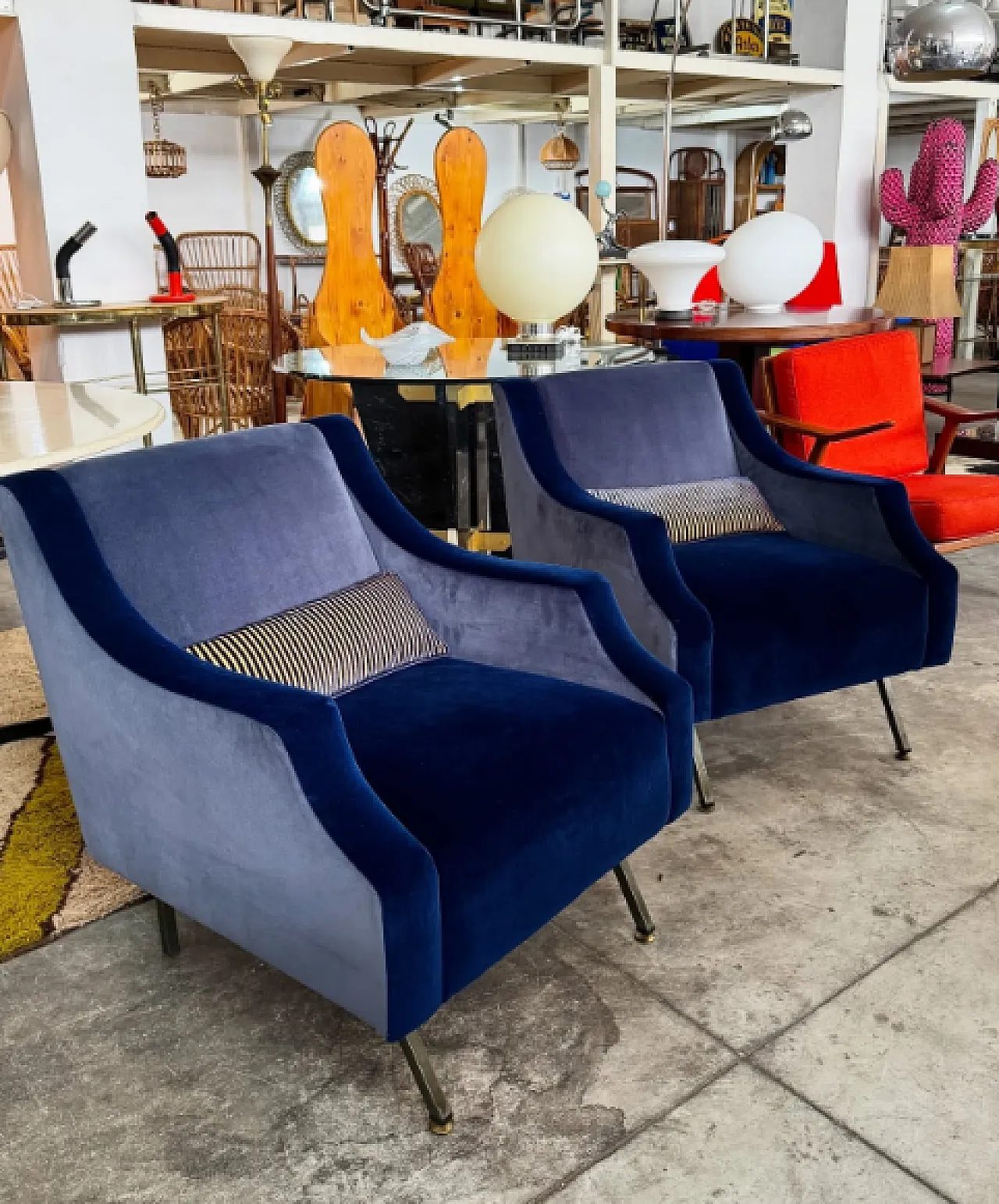 Pair of velvet and metal lounge chairs, 1960s 1