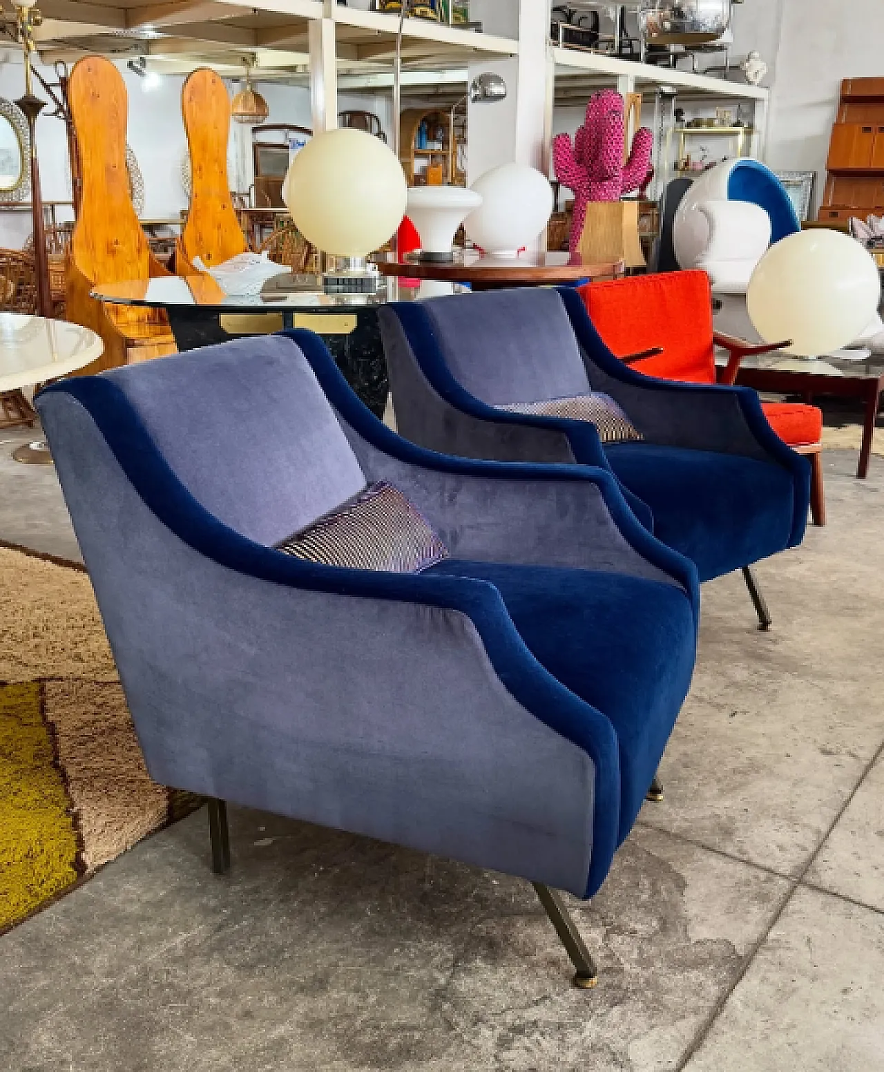 Pair of velvet and metal lounge chairs, 1960s 2