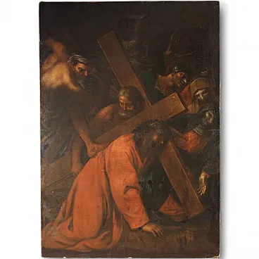 Large Italian painting with Via Crucis, oil on canvas, 17th century