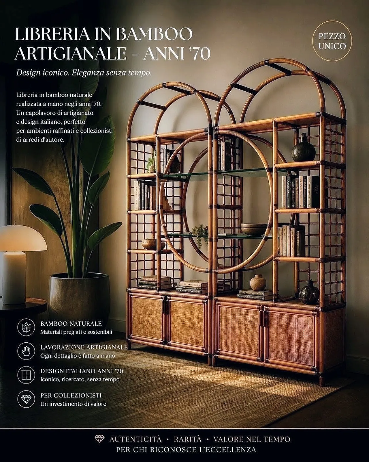 Bamboo and smoked glass bookcase, 1970s 1
