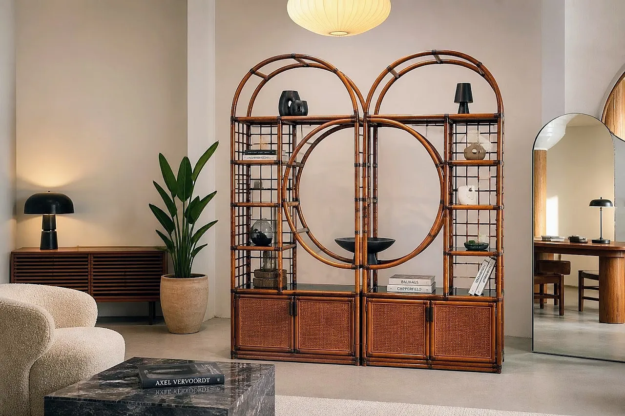 Bamboo and smoked glass bookcase, 1970s 2