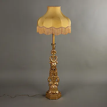 Gilded and carved wooden floor lamp with fringed shade, 19th century