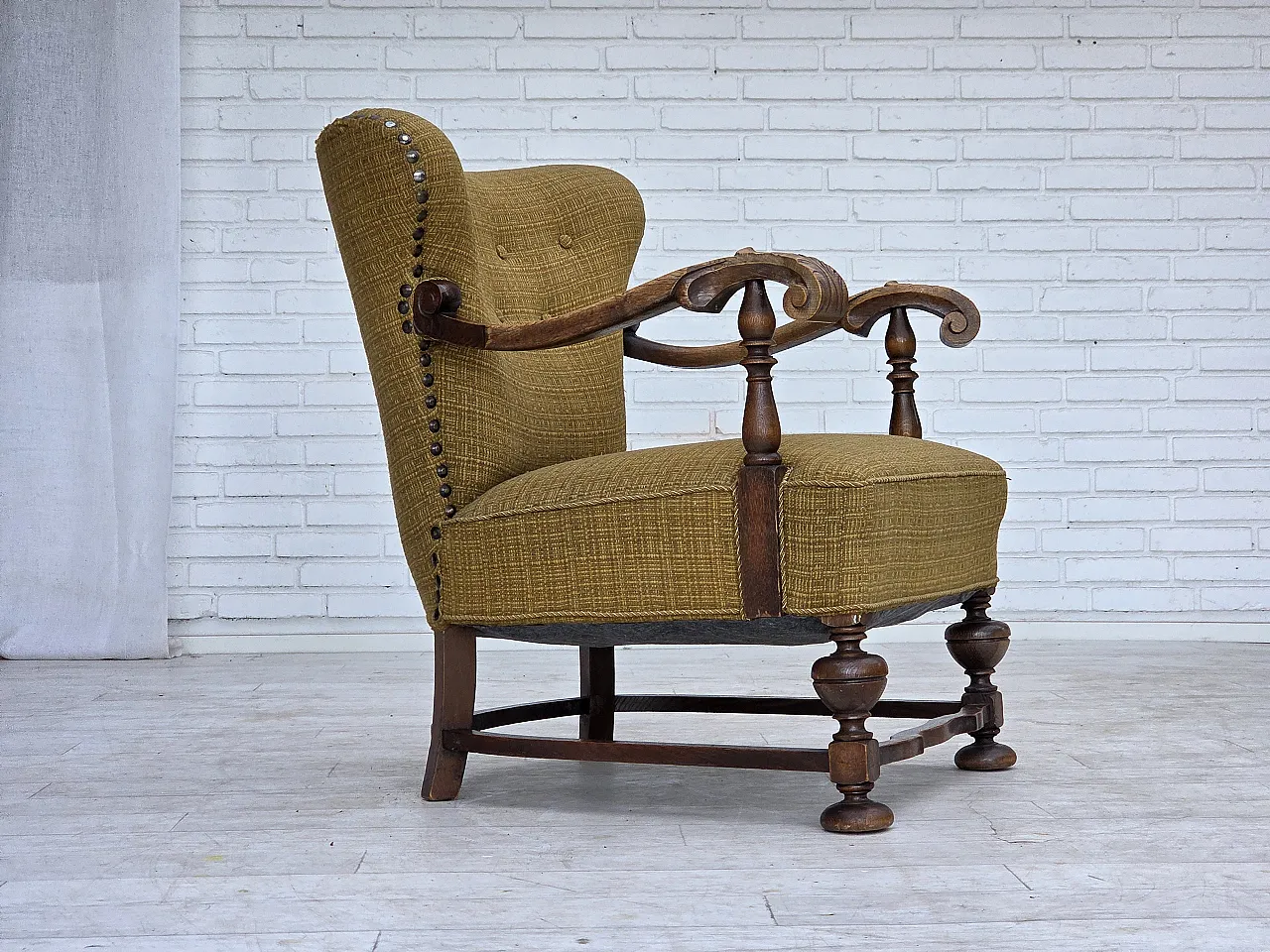 Anni '60, poltrona danese, arredamento originale in lana verde, legno di quercia. 1