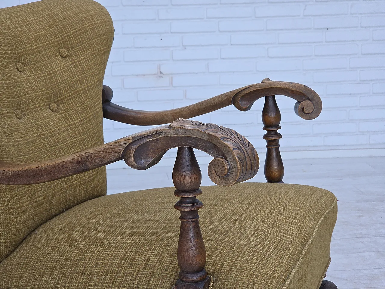 Anni '60, poltrona danese, arredamento originale in lana verde, legno di quercia. 2