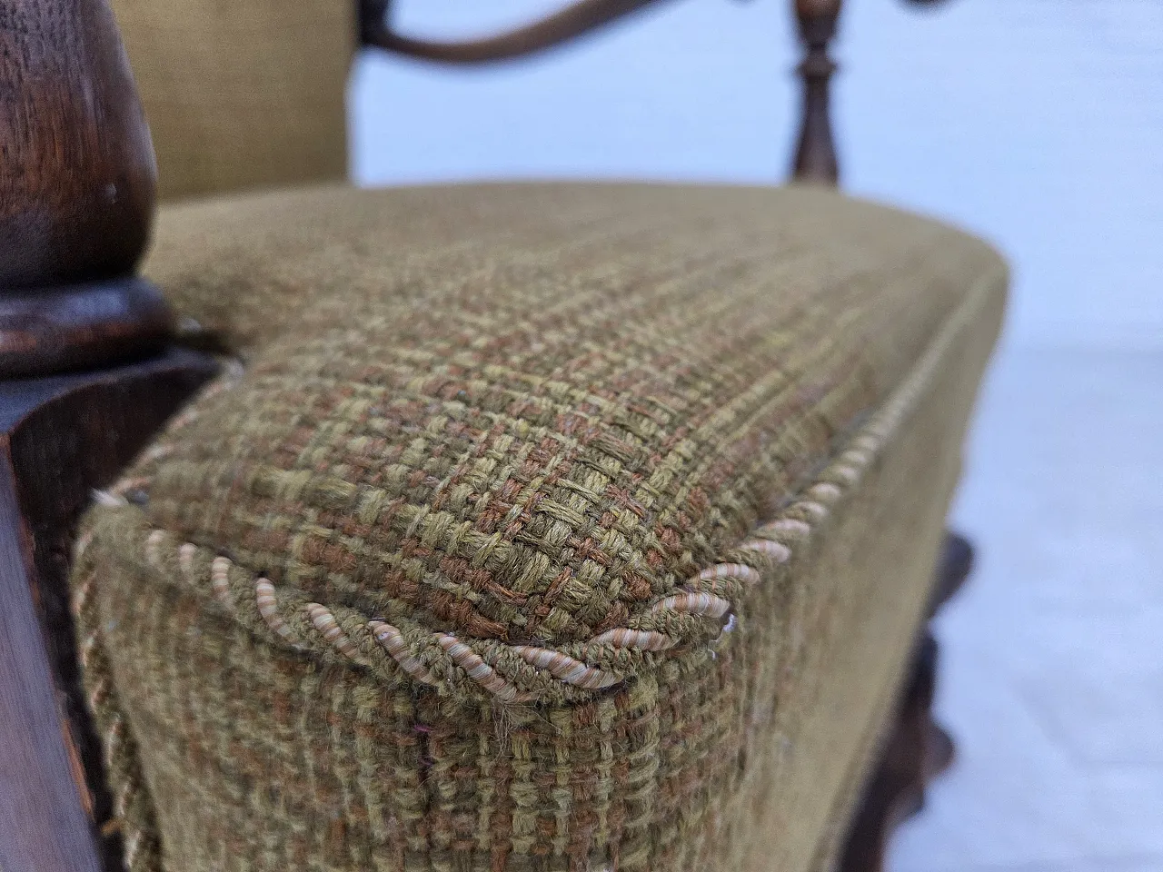 Anni '60, poltrona danese, arredamento originale in lana verde, legno di quercia. 3