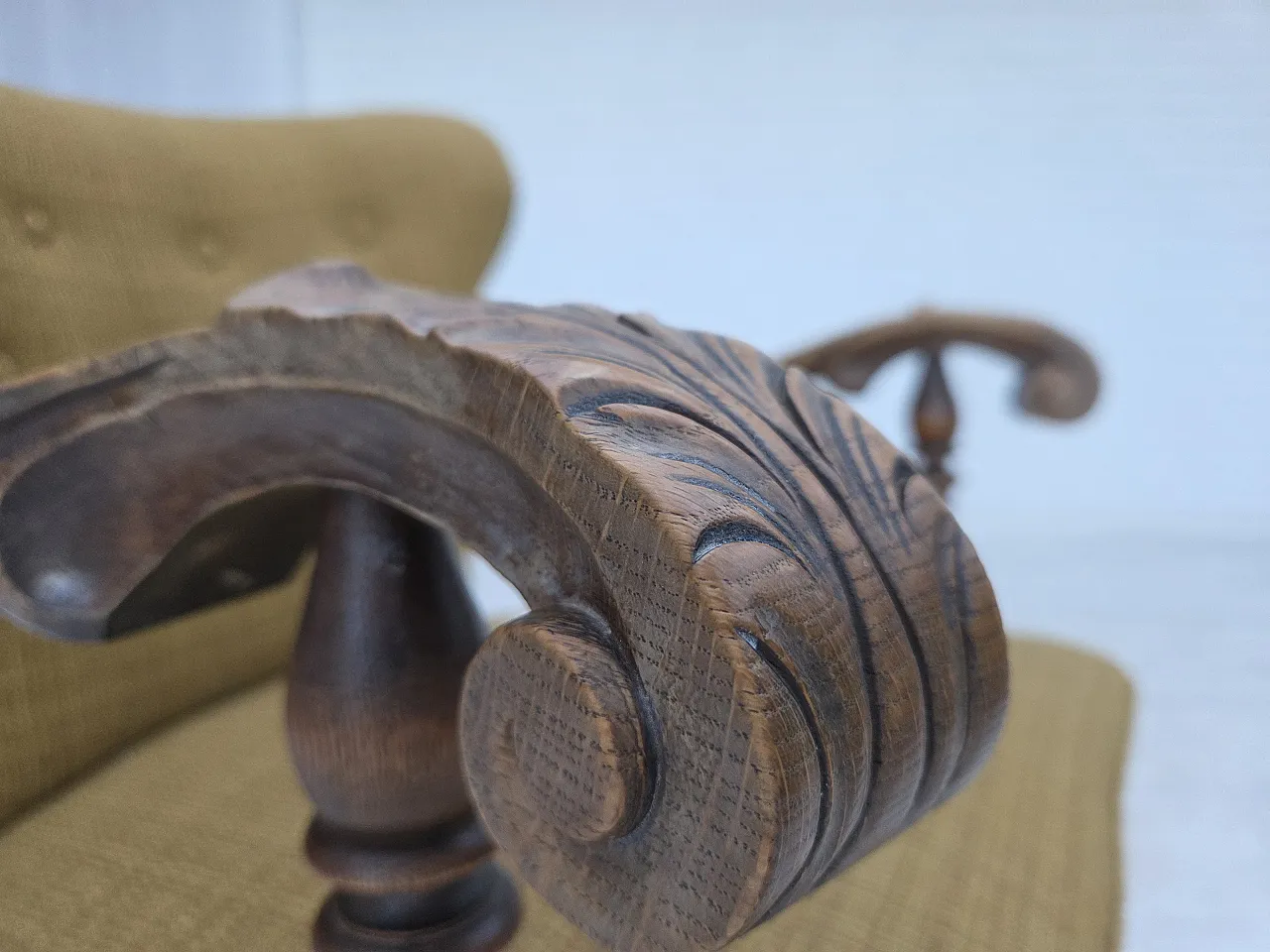 Anni '60, poltrona danese, arredamento originale in lana verde, legno di quercia. 4