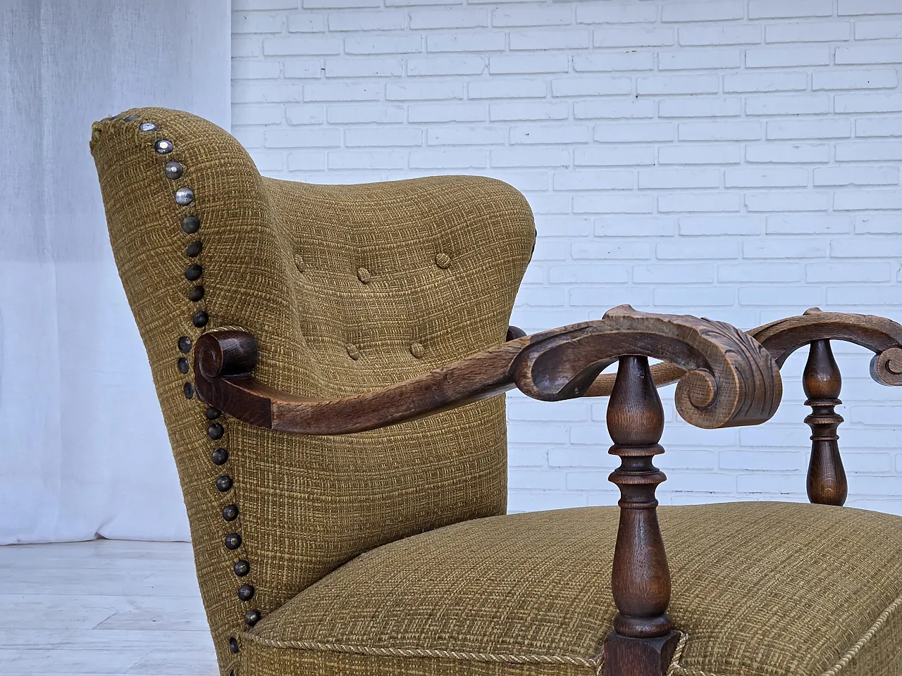 Anni '60, poltrona danese, arredamento originale in lana verde, legno di quercia. 5
