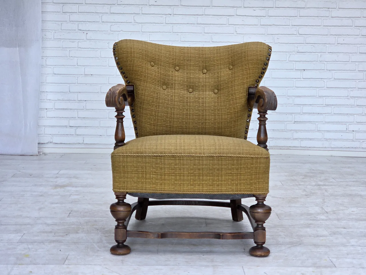 Anni '60, poltrona danese, arredamento originale in lana verde, legno di quercia. 6