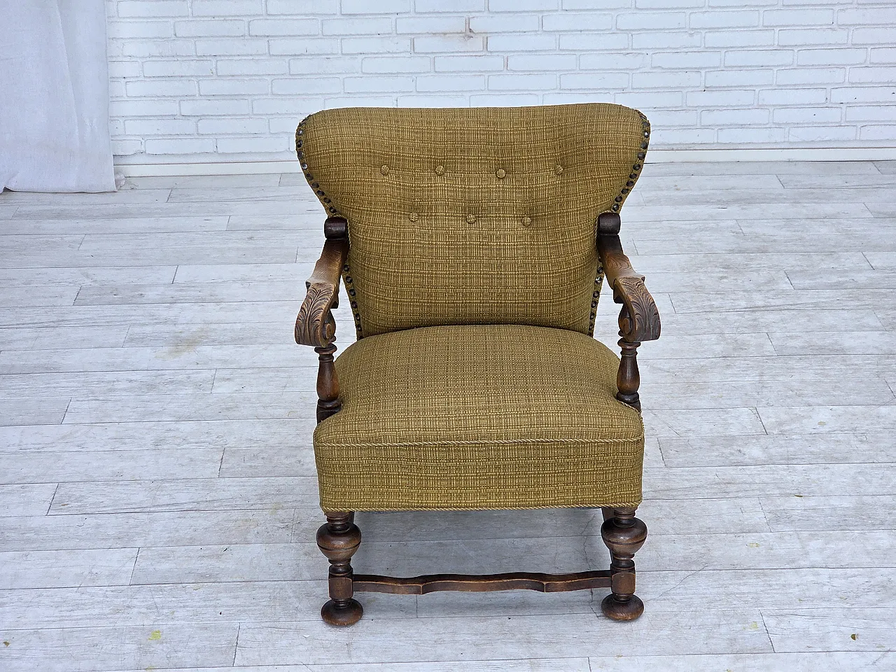Anni '60, poltrona danese, arredamento originale in lana verde, legno di quercia. 7