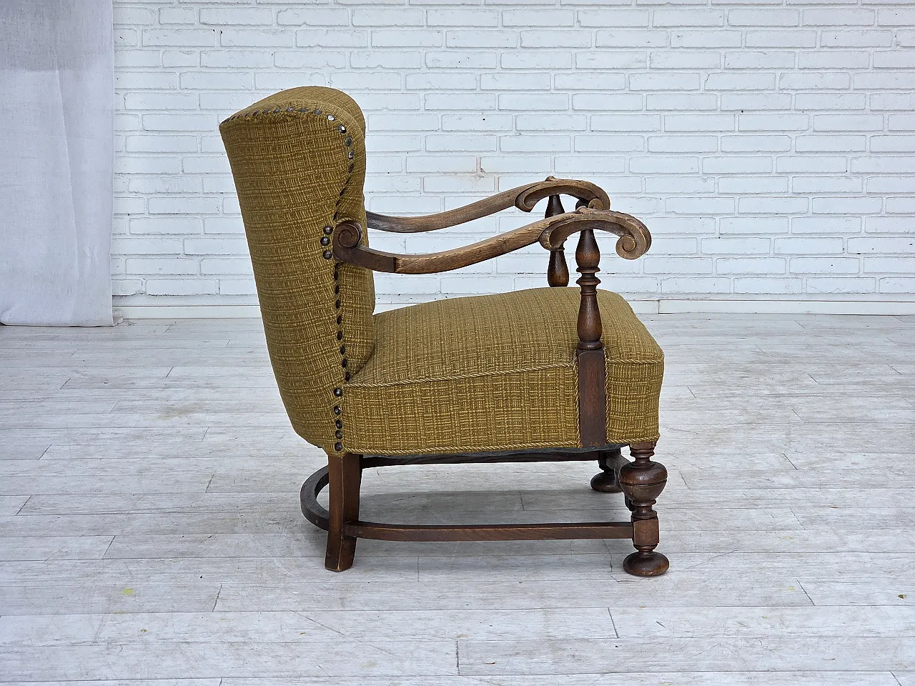 Anni '60, poltrona danese, arredamento originale in lana verde, legno di quercia. 8