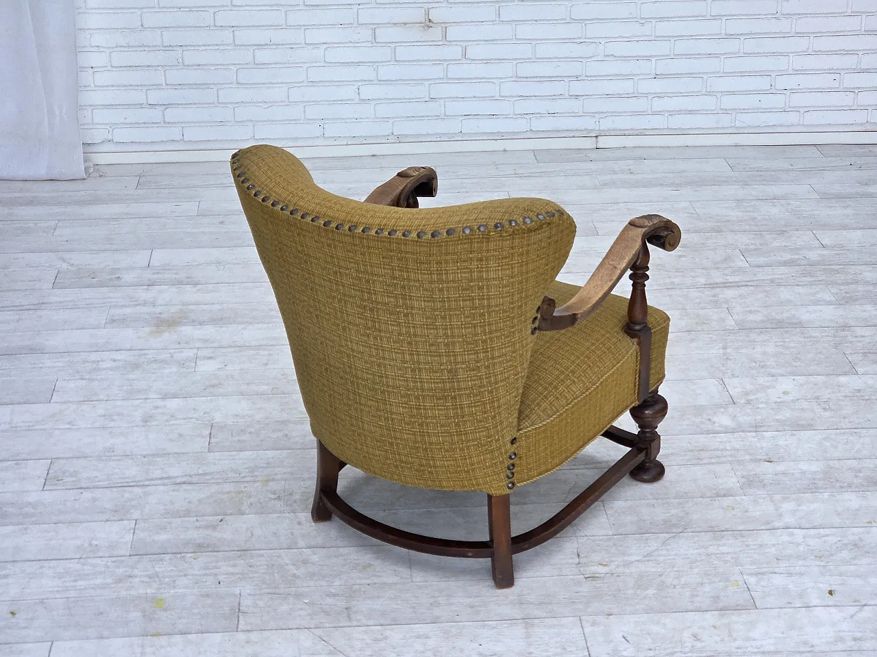 Anni '60, poltrona danese, arredamento originale in lana verde, legno di quercia. 9