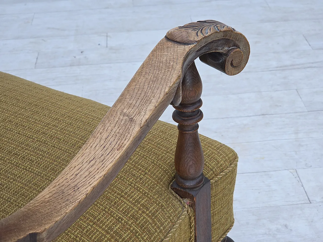 Anni '60, poltrona danese, arredamento originale in lana verde, legno di quercia. 10