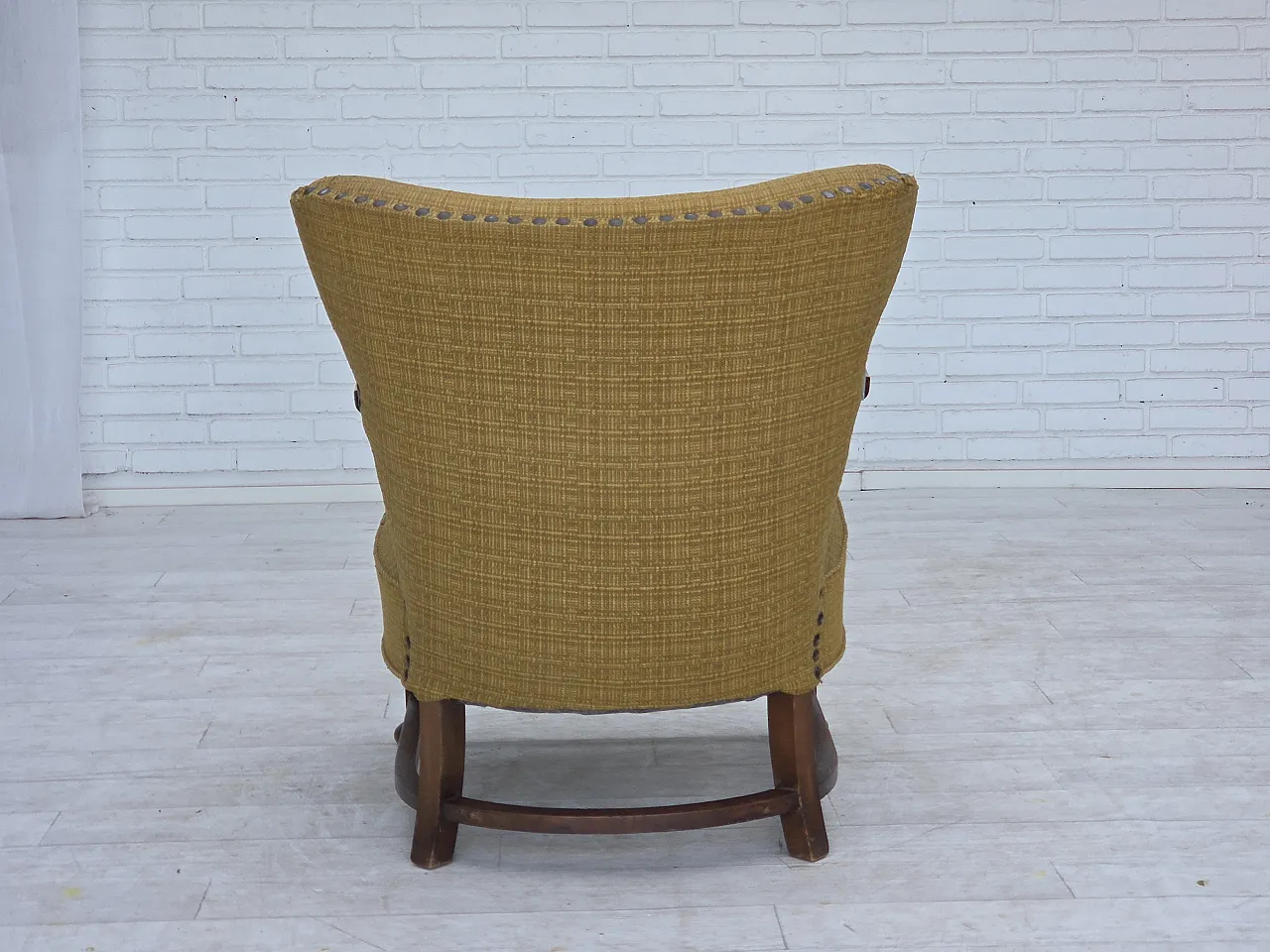 Anni '60, poltrona danese, arredamento originale in lana verde, legno di quercia. 11