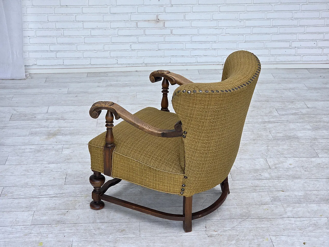 Anni '60, poltrona danese, arredamento originale in lana verde, legno di quercia. 12