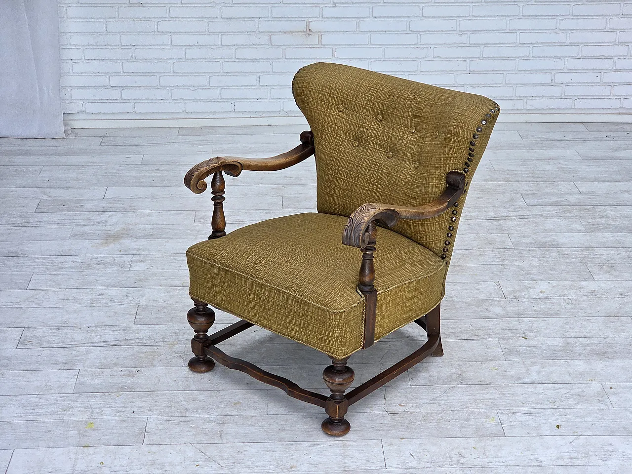 Anni '60, poltrona danese, arredamento originale in lana verde, legno di quercia. 13
