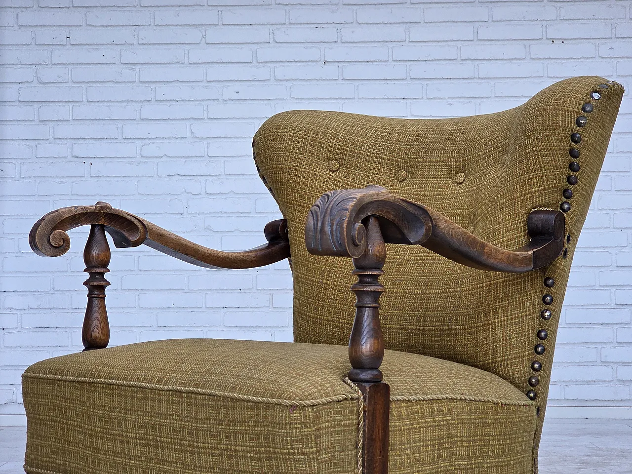 Anni '60, poltrona danese, arredamento originale in lana verde, legno di quercia. 14