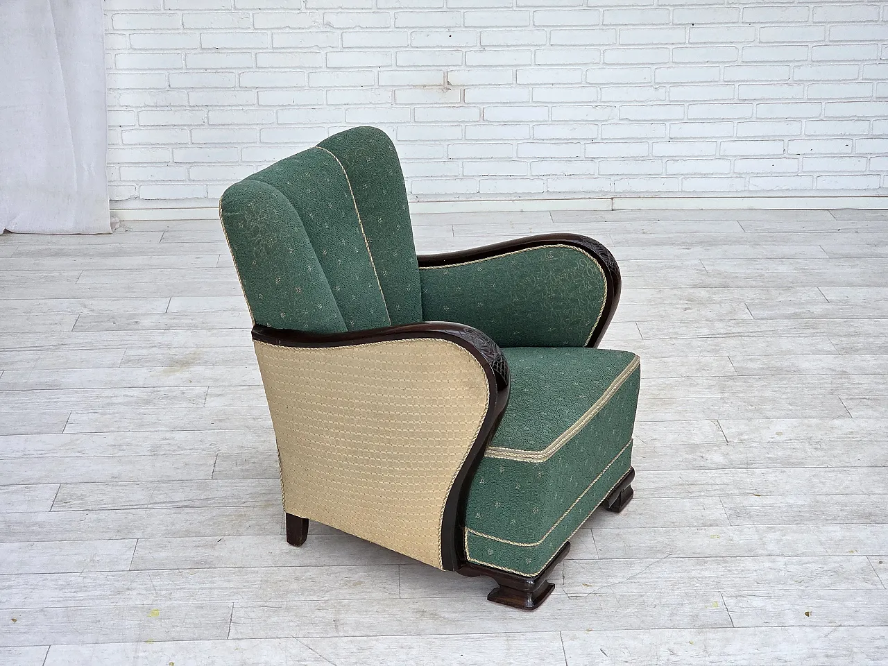 Anni '60, poltrona danese, arredamento in lana verde e beige. 2