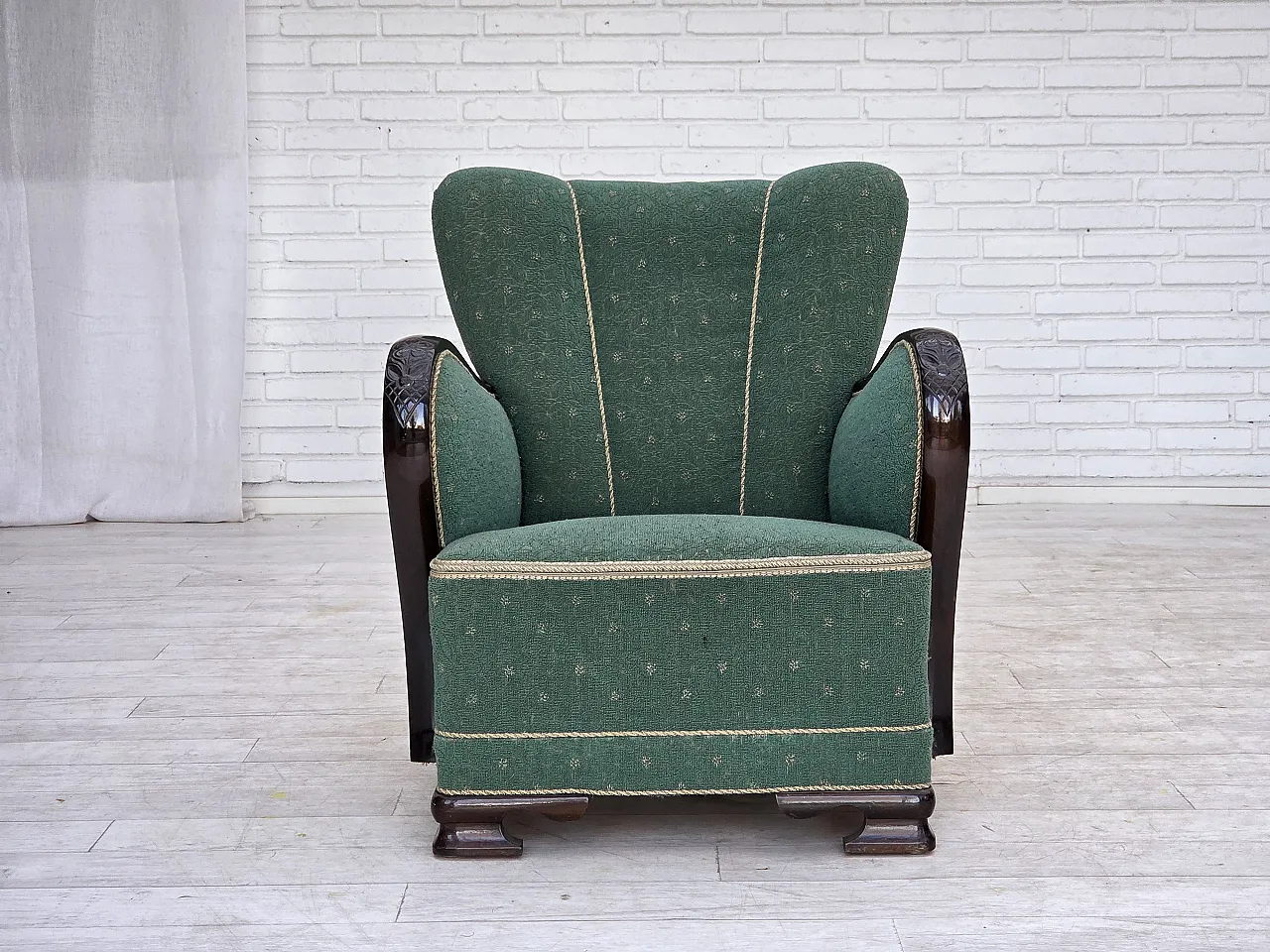 Anni '60, poltrona danese, arredamento in lana verde e beige. 5