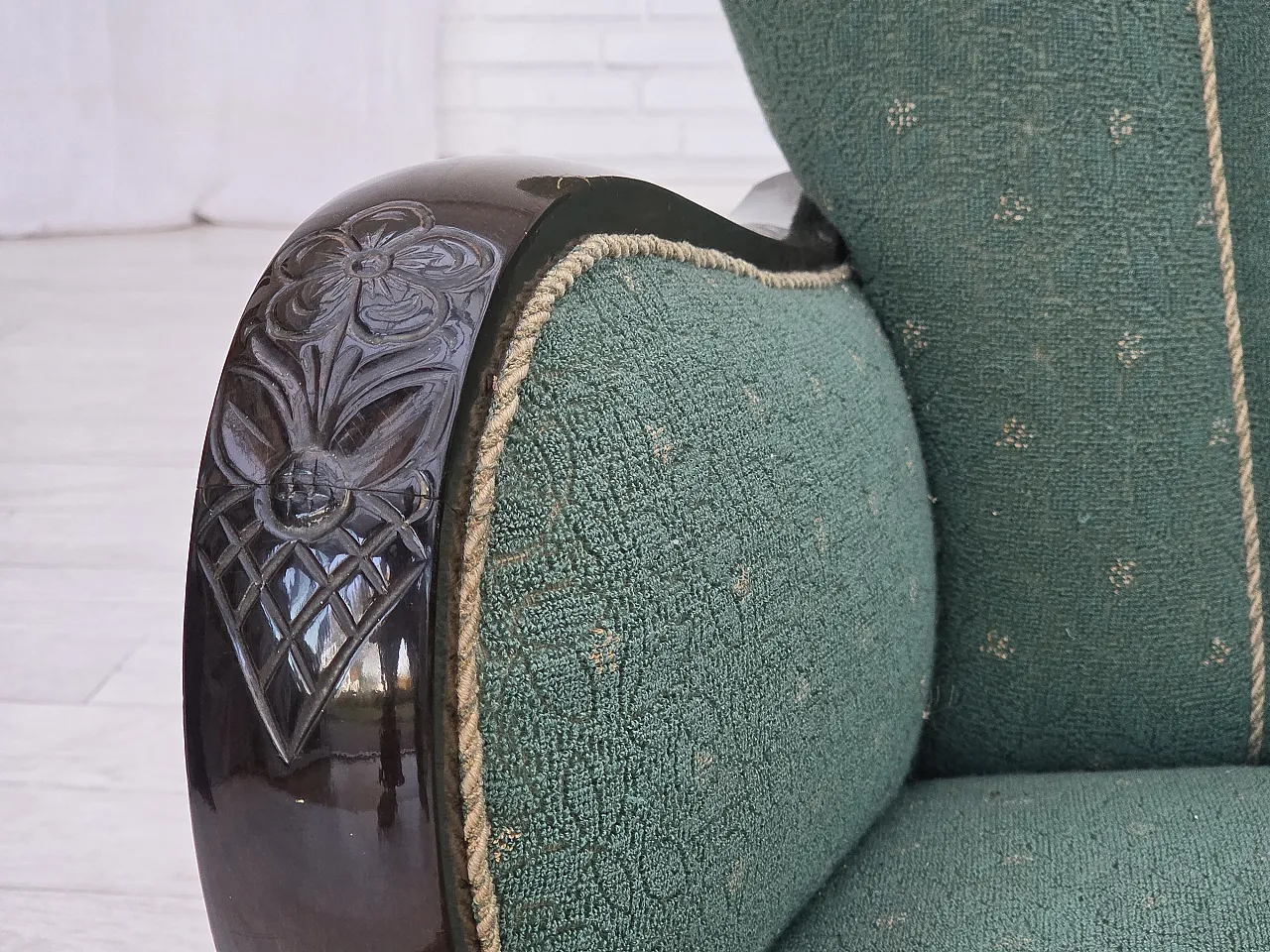 Anni '60, poltrona danese, arredamento in lana verde e beige. 6