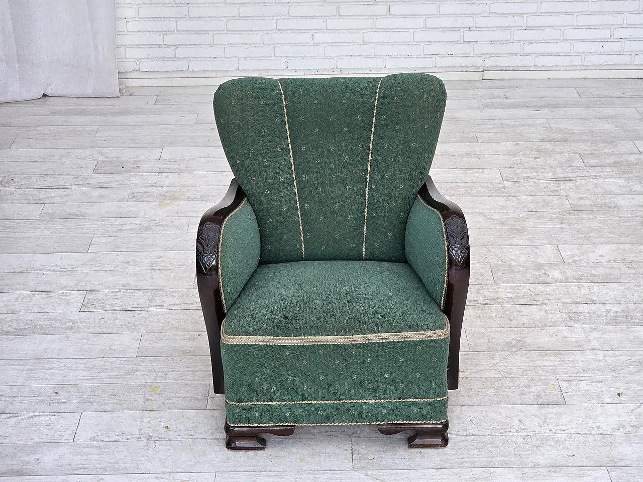Anni '60, poltrona danese, arredamento in lana verde e beige. 7