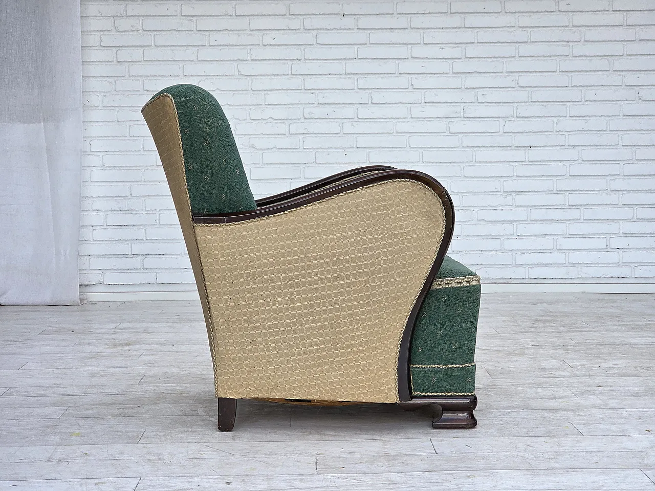Anni '60, poltrona danese, arredamento in lana verde e beige. 8