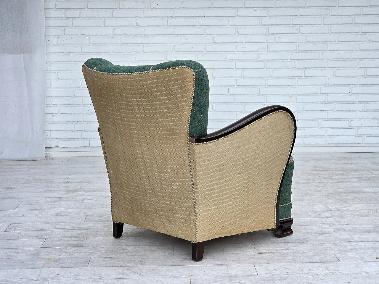 Anni '60, poltrona danese, arredamento in lana verde e beige. 10