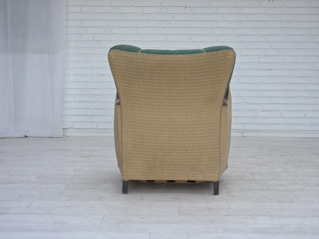 Anni '60, poltrona danese, arredamento in lana verde e beige. 11