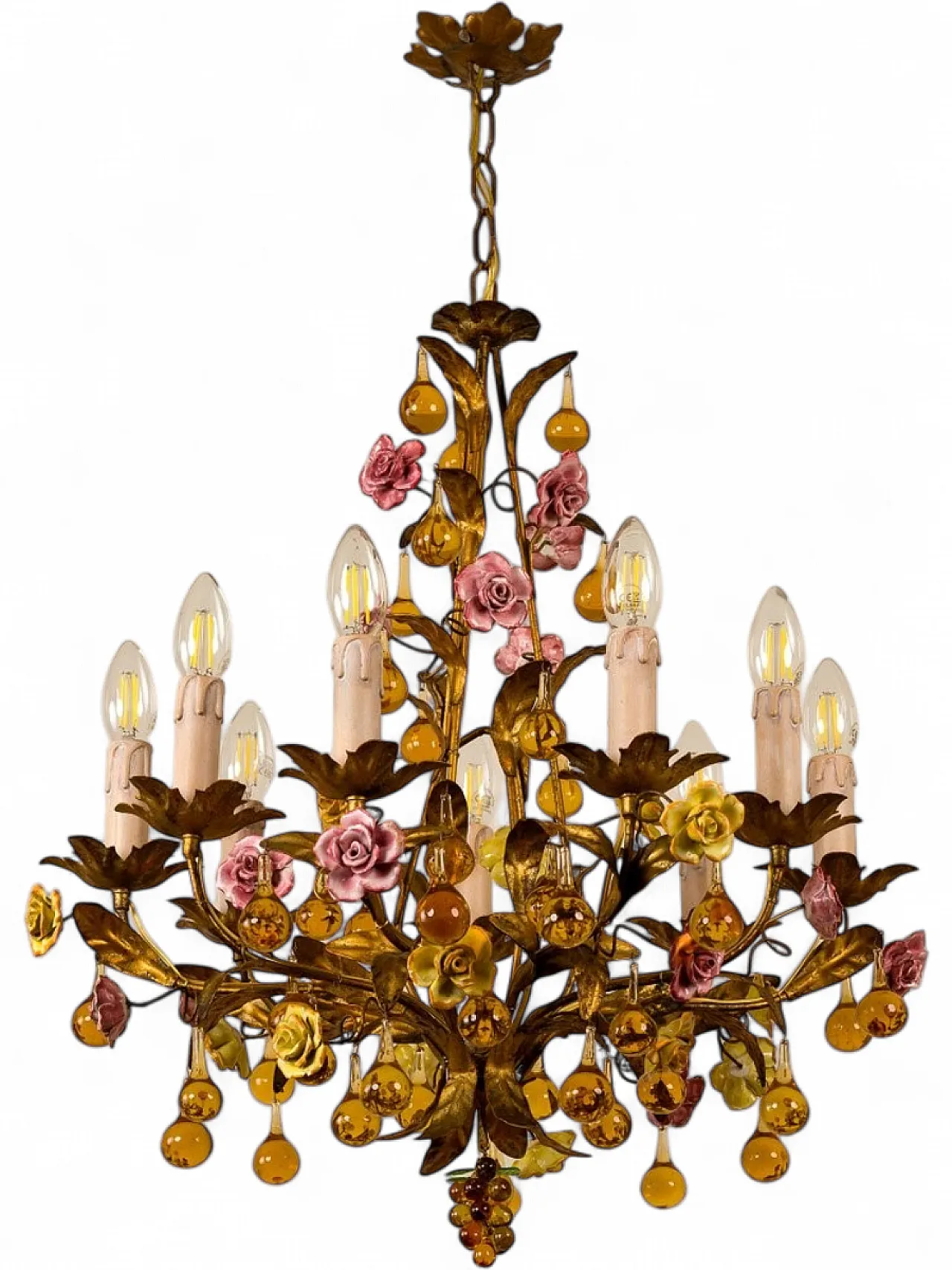 Lampada floreale in ferro dorato, ceramica e vetro di Murano, anni '60 13
