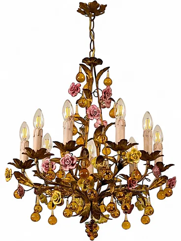 Lampada floreale in ferro dorato, ceramica e vetro di Murano, anni '60