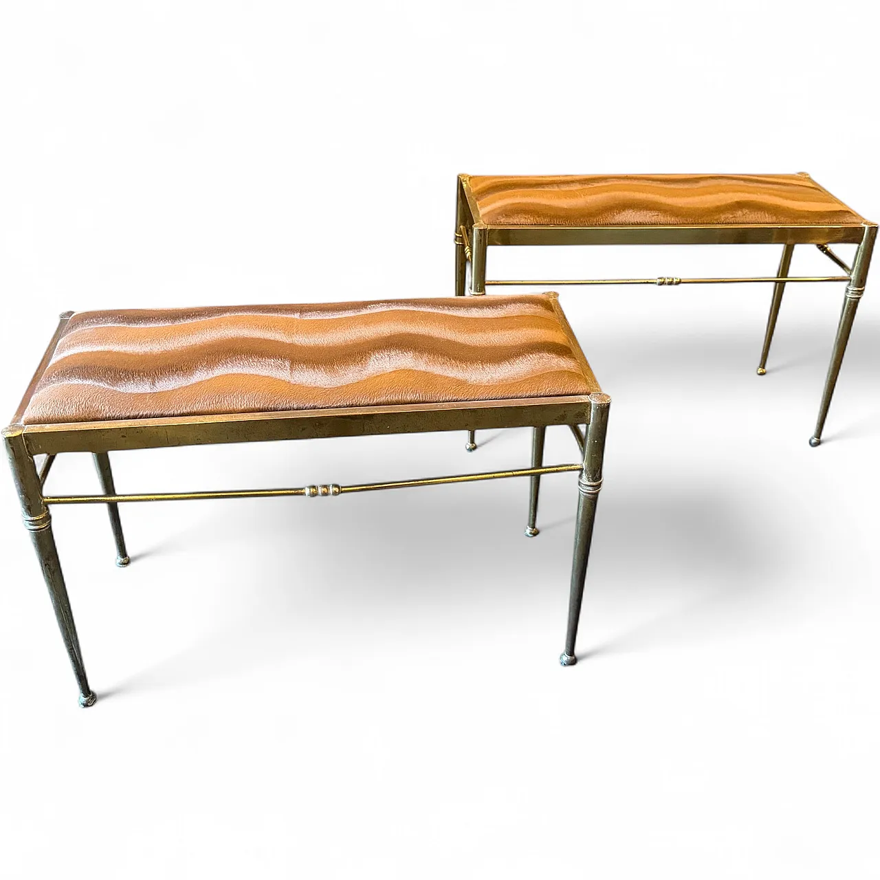 Pair of brass and brown cut velvet rectangular stools, 1950s 18