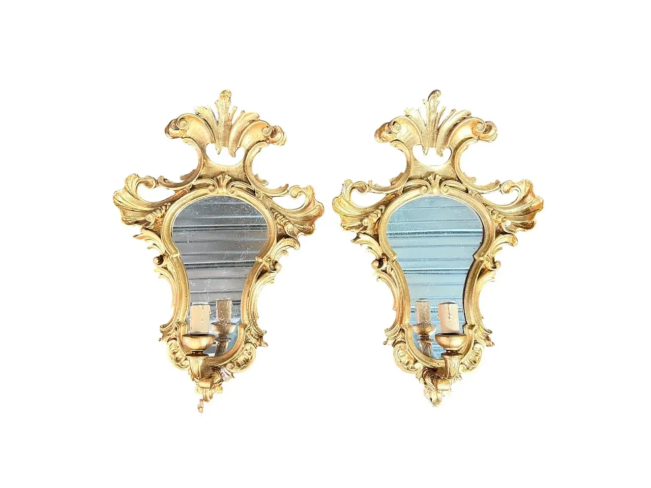 Pair of gilded wooden wall sconces with mirror, 19th century 1