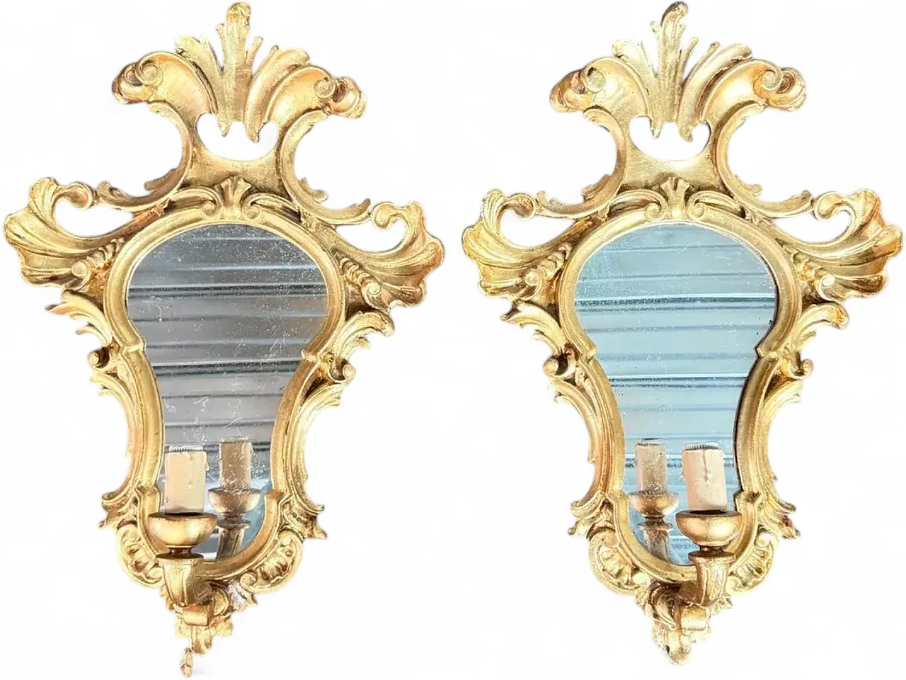 Pair of gilded wooden wall sconces with mirror, 19th century 9