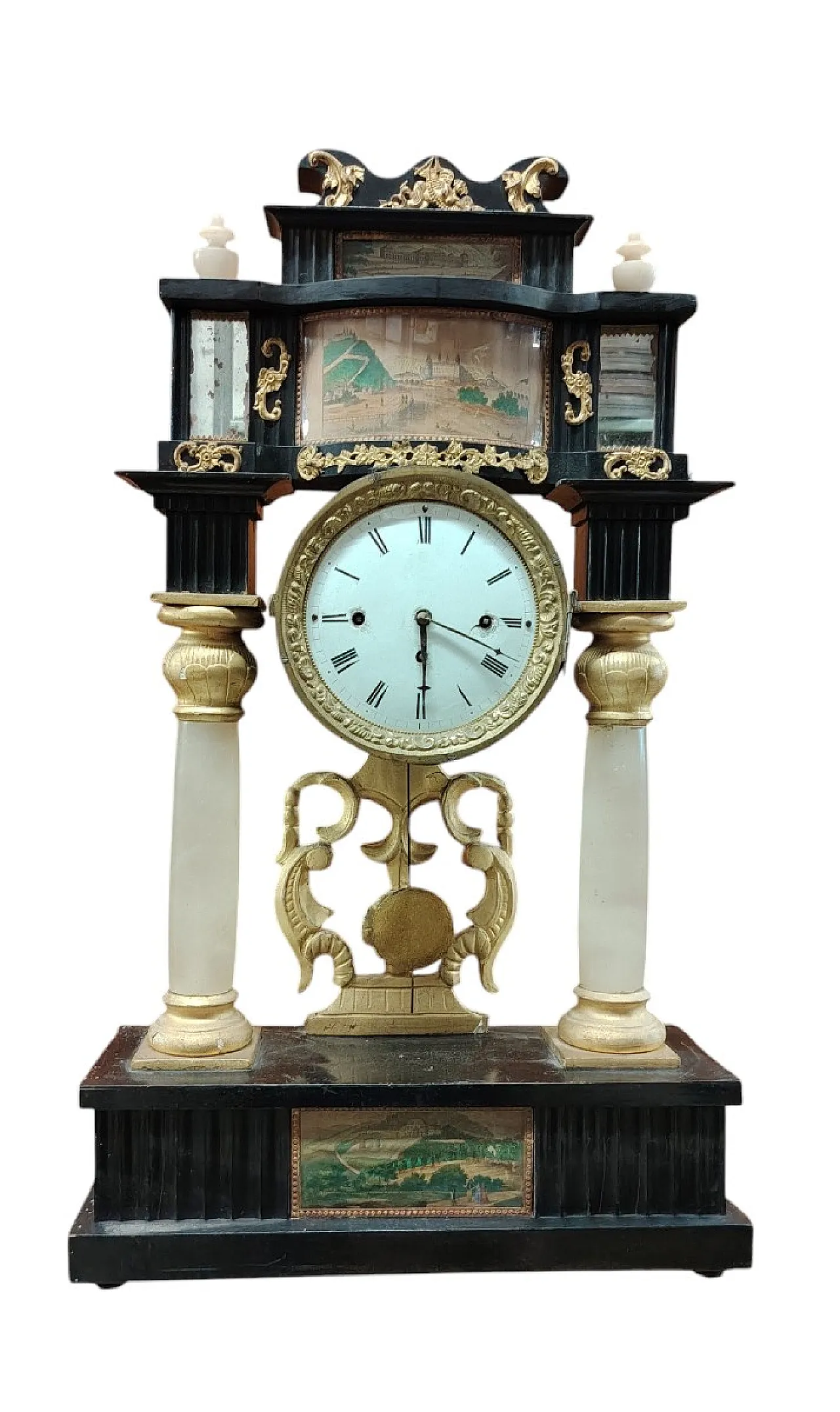 Biedermeier fireplace clock in gilded and engraved wood, 19th century 11