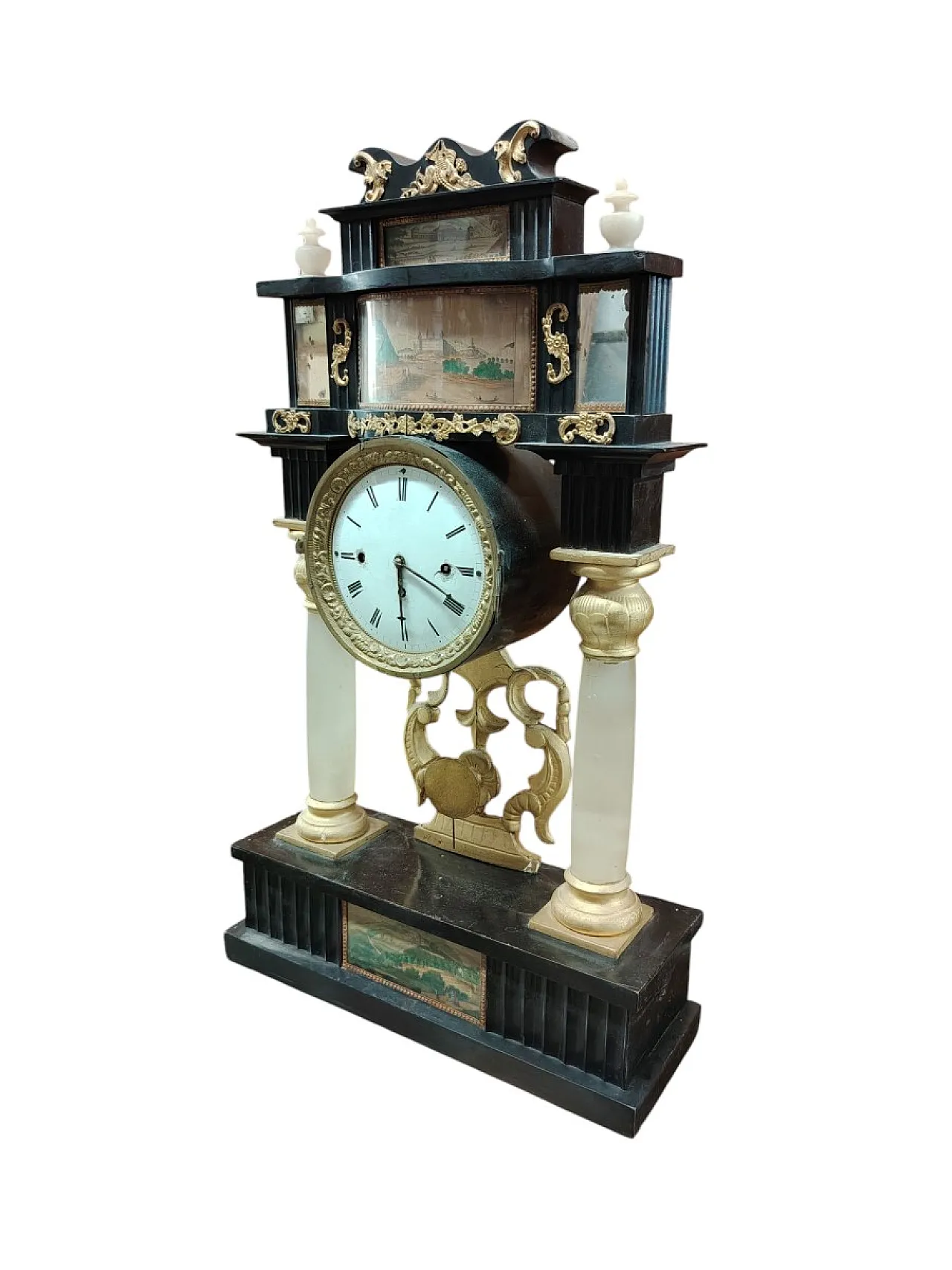 Biedermeier fireplace clock in gilded and engraved wood, 19th century 12