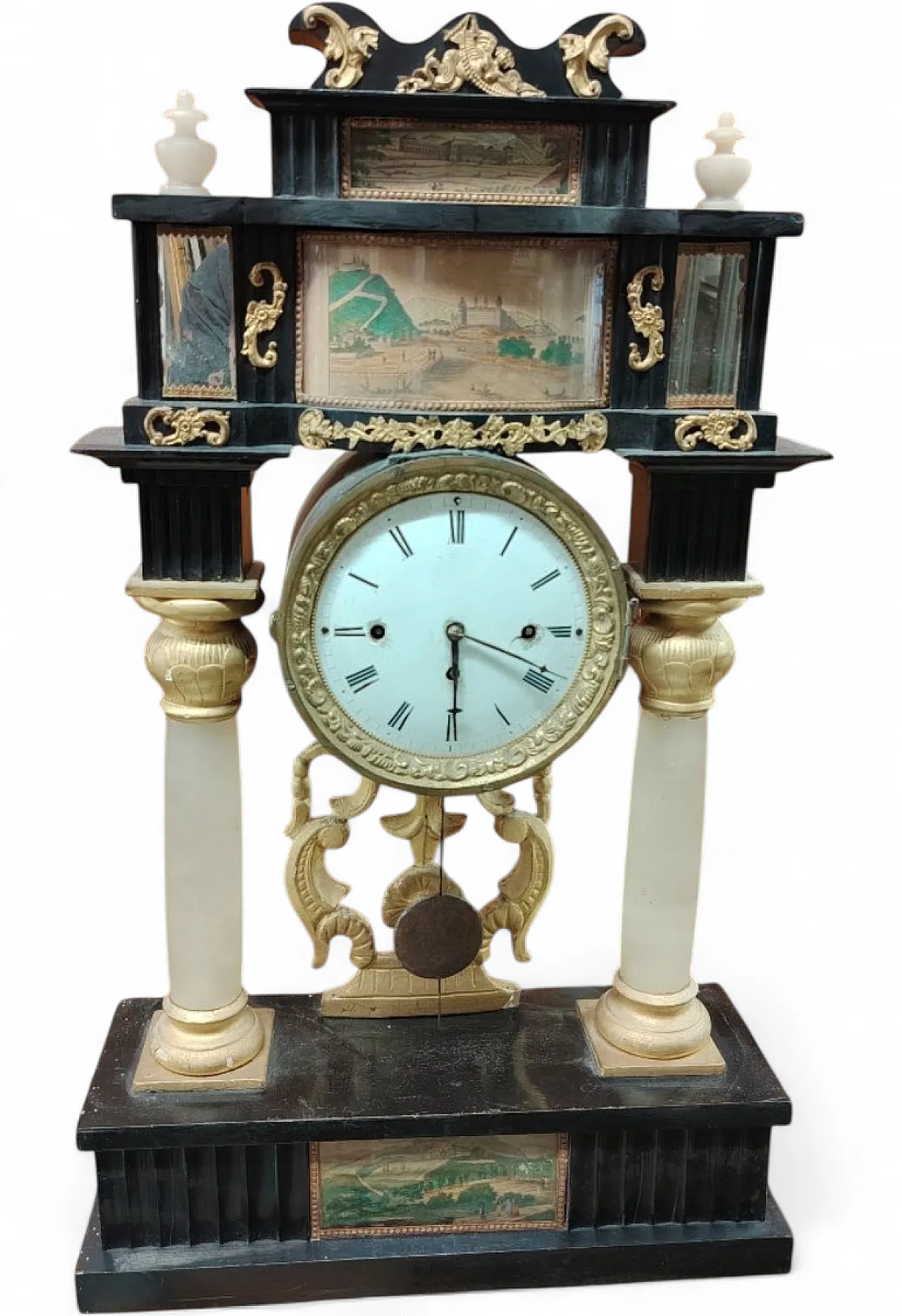 Biedermeier fireplace clock in gilded and engraved wood, 19th century 13
